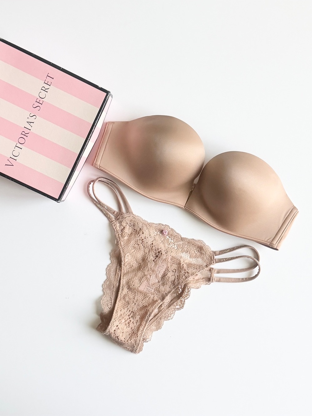 34B SMALL Victoria’s Secret beige nude strapless Bombshell bra set bling panties
